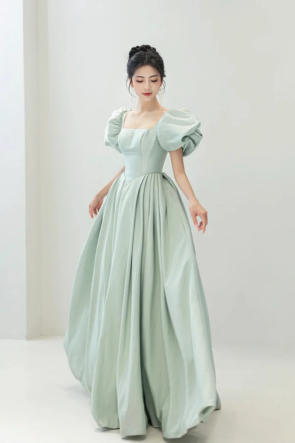 Wholesale Light Green Satin Long A-Line Prom Dress Cute Short Sleeve Evening Dress